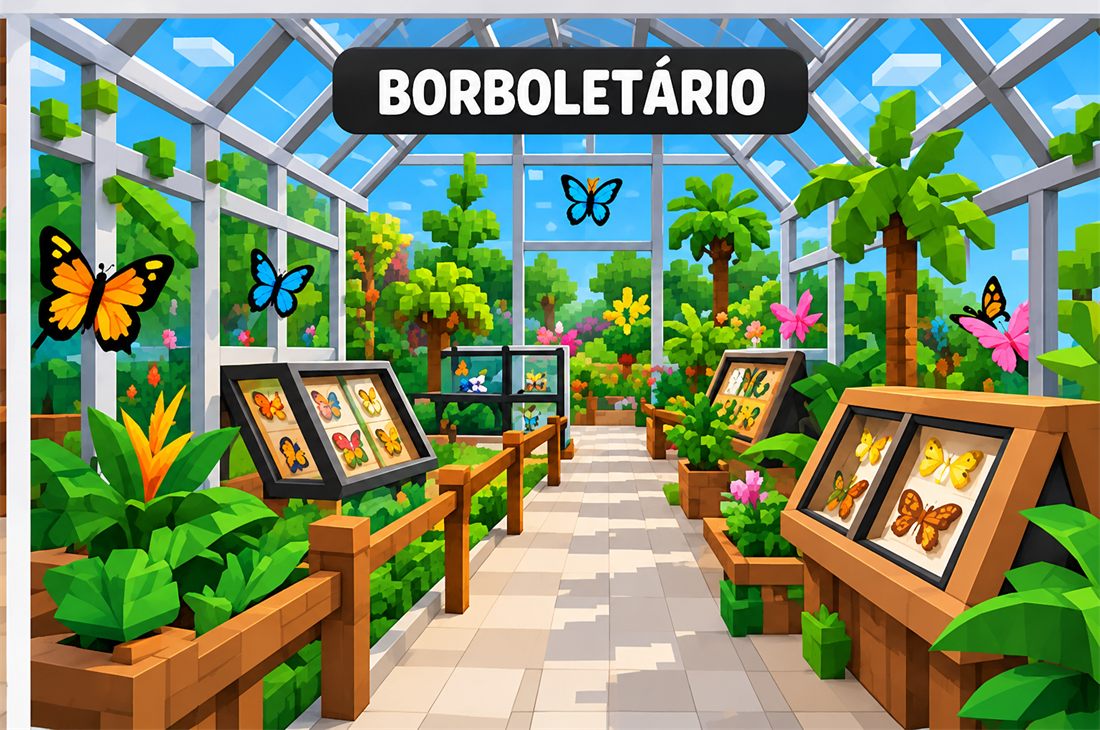 Borboletário de vidro, com plantas, borboletas coloridas e um caminho de pedras