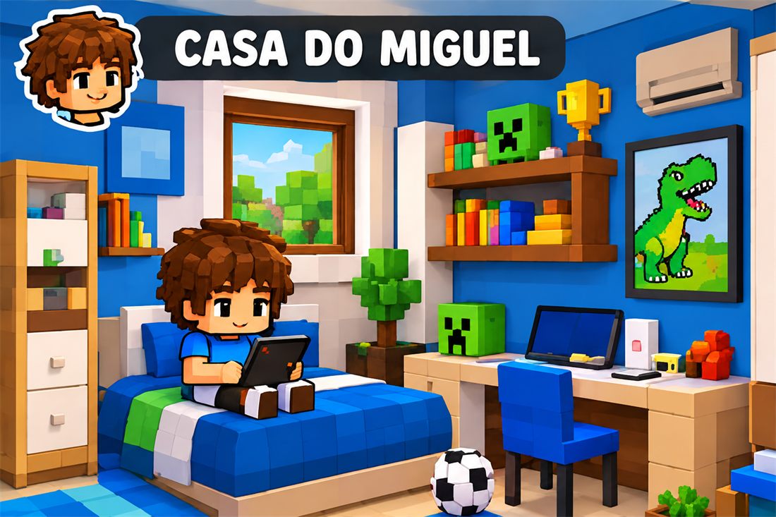 O quarto azul do Miguel, com cama, mesa e um quadro de dinossauro