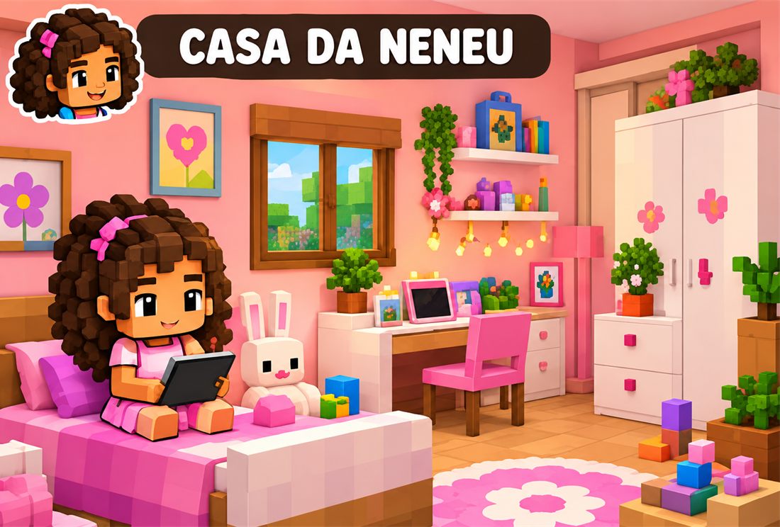 O quarto rosa da Neneu, com cama, mesa, coelhinho de pelúcia e plantas