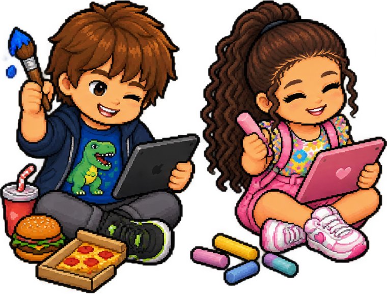 Miguel e Neneu em pixel art: Miguel pintando com um pincel e a Neneu desenhando com giz, cada um com um tablet