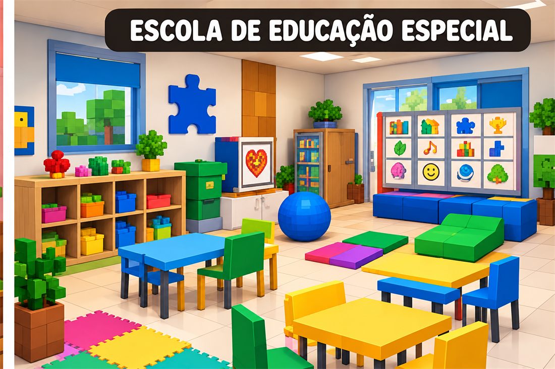 Sala da escola de educação especial, com mesas coloridas, tapete de encaixe e uma bola azul