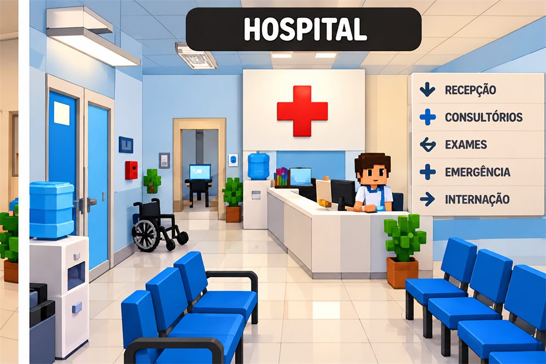 Recepção do hospital com cadeiras azuis, balcão de atendimento e placas com setas