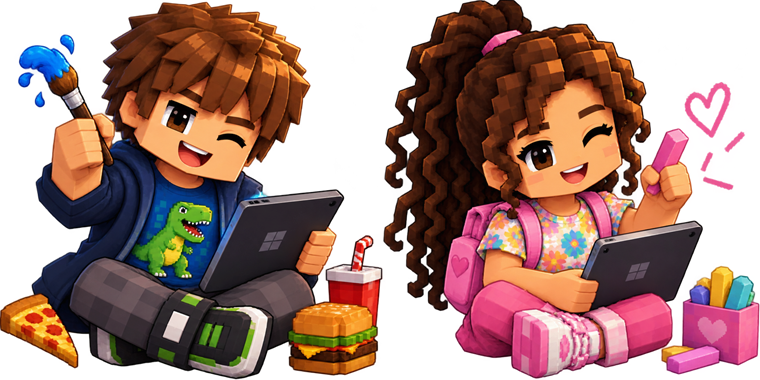 Miguel e Neneu sentados com tablets, sorrindo