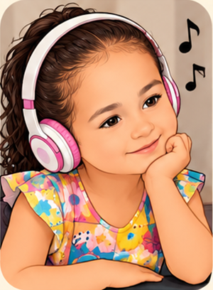 Neneu de fones de ouvido, ouvindo música